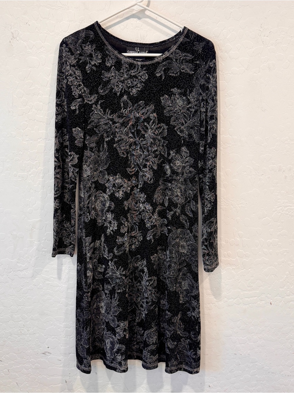 Vintage Carole Little Skater Dress Women 6 Black Metallic Floral Long Sleeve Y2K